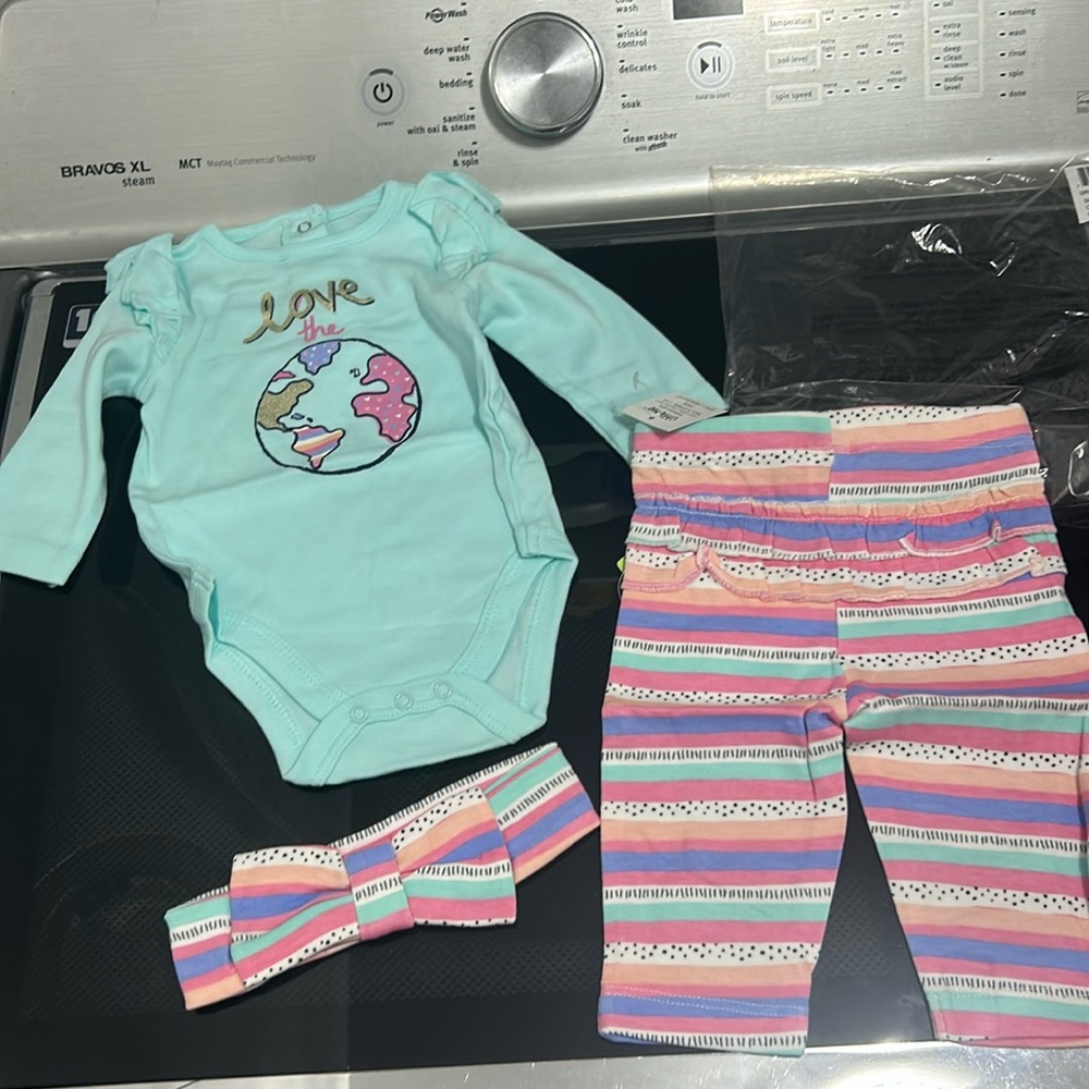 Girl 3 month earth day world headband pants matching set outfit bodysuit new
